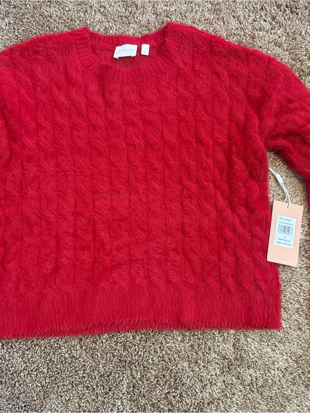 Cyrus Vibrant Red Fuzzy Cable Knit Crewneck Sweater